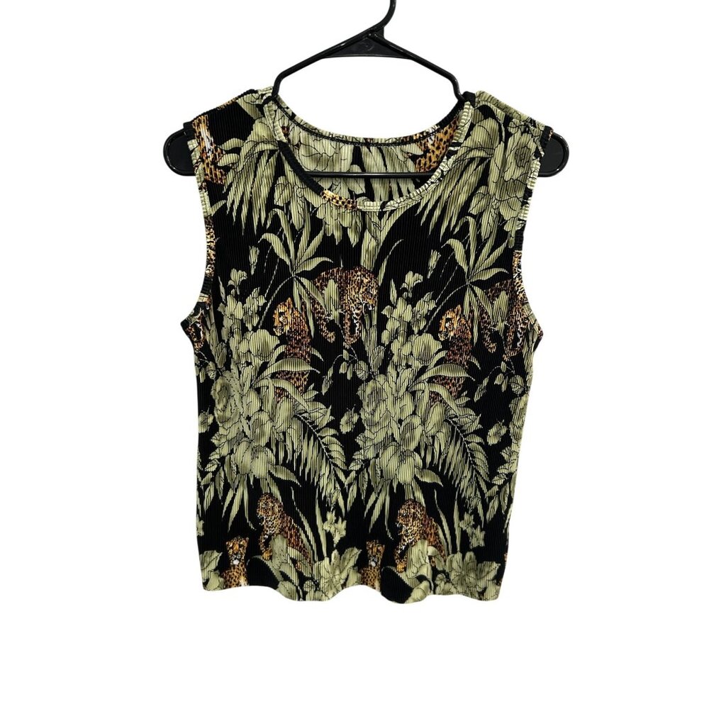 Womens Black Sleeveless Tropical Leopard Print Ribbed Tank Top Size Small Retro